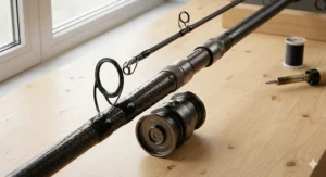 A macro shot focusing on the 1k carbon fibre weave and DPS style reel seat of a custom stalking rod, showing the precise thread whippings around a 40mm anti-frap butt ring.