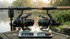 A side-by-side comparison showing a standard 14000 size reel next to a 5000 size compact carp reel to highlight the weight-saving benefits.