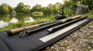 A disassembled two-piece 12ft carp rod showing two equal 6ft sections on a padded rod sleeve with a measuring tape indicating transport length.