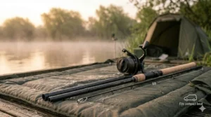 Illustration showing the 6ft breakdown length of a two-piece 12ft 2.75lb test curve carp rod for transport.
