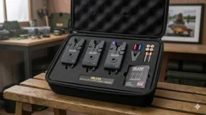 A complete 3-rod wireless bite alarm set with receiver and accessories in a protective presentation case.