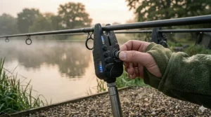 Close-up photorealistic photograph showing an angler's gloved hand precisely adjusting the knurled tone control dial on a modern black carp fishing bite alarm against a misty lake background.
