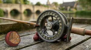 A gunmetal fly reel featuring Aqua Baits branding next to a technical diagram of a shelf life boilie's protein matrix and krill extract components.