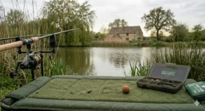 Tying a wafter or pop-up boilie onto the D-rig ring using unscented bait floss and a cigarette lighter.