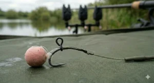 A demonstration of the flossing method, where a pop-up boilie is tied securely to a rig ring using clear bait floss.