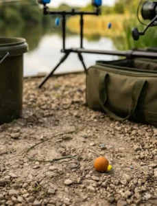 A close-up illustration of a standard carp hair rig with a size 8 barbed hook and a 15mm boilie bait, a fundamental setup for newcomers.