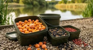 A selection of popular UK carp fishing baits including bright orange citrus boilies and various sized halibut pellets in a bait tub.