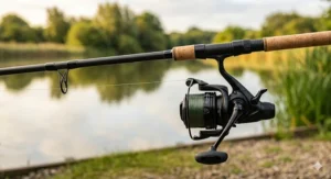 A 12ft carp rod fitted with a large freespool reel, showing the line threaded through the guides, ideal for a beginner's first carp kit.