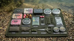 A neat layout of tackle components needed for a chod rig, including stiff bristle filament, size 6 chod hooks, and bait screws.