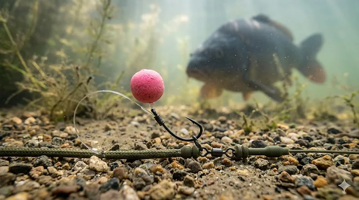 A perfectly tied chod rig with a pink pop-up boilie presented on a clear gravel lake bed, showing the characteristic curve of the stiff filament hooklink. best chod rigs