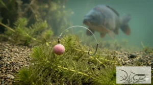 An illustration showing how a chod rig sits effectively on top of submerged silkweed, preventing the hook bait from becoming hidden.