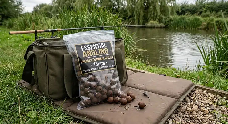 A high-quality bag of premium 15mm fishmeal boilies resting on a padded unhooking mat by a British carp lake. best fishmeal boilies