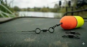 A large-eye swivel attached to a high-visibility orange and yellow marker float to ensure friction-free depth finding.