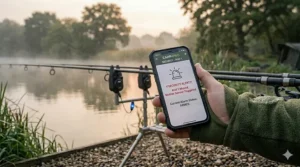 A photorealistic close-up photograph set at dawn by a misty British lake, showing a smartphone held in an angler's hand displaying a bold red security alert app screen triggered by a bite alarm motion sensor.