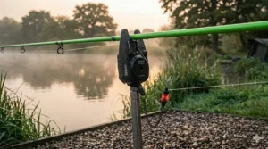 A photorealistic close-up photograph showing a red mechanical hanger indicator with a black chain attached to the base of a modern black bite alarm on a stainless steel bankstick at dawn.