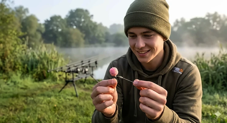 A close-up photograph of a textured pink pop-up boilie tied to a Ronnie rig, held by an angler at dawn on a British carp fishing lake. pop up boilies