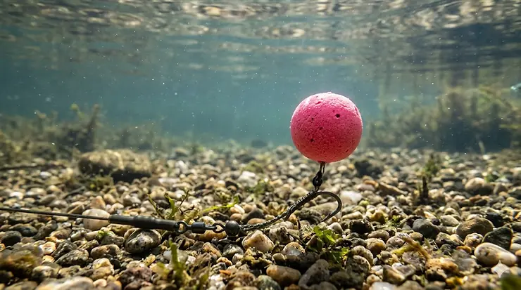 A bright pink pop-up boilie floating perfectly above a gravel lake bed on a Ronnie rig in clear British water. best wafter boilies