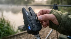 Close-up macro photograph showing the knurled sensitivity dial on a detailed black bite alarm, with the words sensitivity setting visible, as an angler's gloved hand adjusts it under soft dawn light.