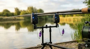 A pair of electronic bite alarms mounted on banksticks with purple bobbin indicators attached to the fishing line for visual strike detection.