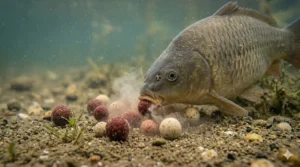 Photorealistic close-up underwater view in a British carp lake, showing a large mirror carp feeding over a scattered bed of reddish-brown and beige freezer boilies, with sediment and attractor plumes rising as it feeds. 