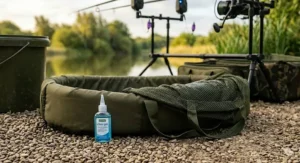 Essential fish care gear for UK carp fishing including a thick padded unhooking cradle, a weigh sling, and a bottle of antiseptic clinic gel.