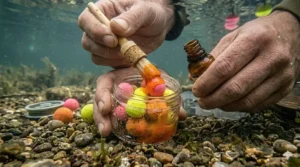 Applying a liquid attractor or glug with a brush to a tub of mixed colour pop-up boilies to increase scent trail.