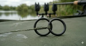 Two matte black rig rings spliced into a leadcore leader, showing a heavy-duty connection for modern carp angling setups.
