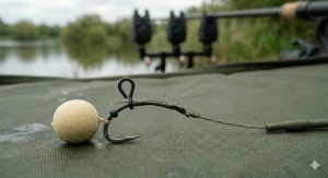 A close-up of a rig ring stop system on a curved shank hook, demonstrating how to precisely position hookbait movement.
