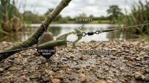 Illustration showing how a carp lead clip allows the weight to pop off the arm if the lead becomes snagged, ensuring the fish's safety during the fight.