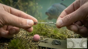 Macro view of the 'D' loop on a chod hook, showing the neat finish of a whipped knot for better bait movement.