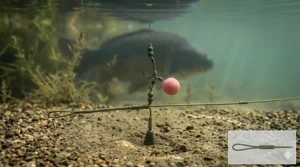 Close-up of a chod rig mounted on a heavy leadcore leader, showing the distance between the top bead and the lead for silt fishing.