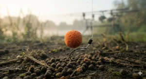 A short, stiff fluorocarbon Chod rig presentation featuring a vibrant orange pop-up boilie positioned just above a bed of smaller, dark bottom-baits on a gravel lake bed in detailed underwater natural morning light.