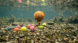 A hand-rolled cork-ball pop-up boilie with a rough, high-leakage texture, presented on a modern carp rig.