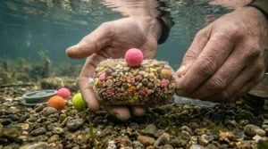 An angler holding a loaded PVA mesh bag filled with pellets and crushed boilies, topped with a bright pink pop-up.