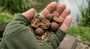 A close-up of crushed and halved fishmeal boilies in an angler's hand, showing the coarse texture and bird food inclusions.