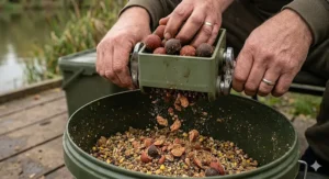 A close-up, photorealistic view of a fisherman’s hands using a mechanical bait crusher over a large bucket, grinding large, reddish-brown freezer boilies into smaller pieces for a spod mix, on a wooden platform.