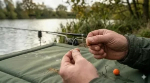 An angler using thumb pressure to create an aggressive, effective curve in the stiff hook link section.