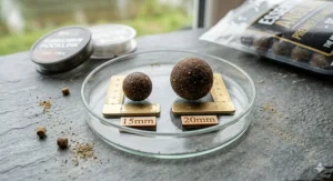 A side-by-side comparison of 15mm and 20mm fishmeal boilies with a measuring gauge, standard for UK specimen angling.