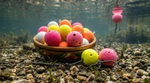 A wooden bowl filled with a variety of fluorescent pink, yellow, and orange pop-up boilies resting on a stony lake bed.