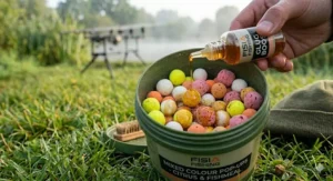 A photograph of an angler pouring a viscous, amber-coloured liquid attractant from a small glass nozzle bottle labeled 'FISIA FISHING GLUG BOOST' onto a pot of mixed-colour pop-up boilies, causing them to glisten and show a glossy sheen.