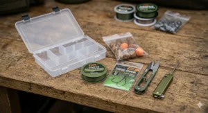A selection of UK carp tackle including coated braid, sharp scissors, and micro-barbed hooks.