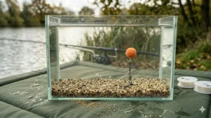 A buoyancy test in a glass tank showing the hinged stiff rig sitting perfectly over a gravel lake bed.