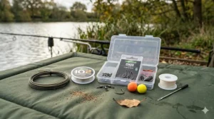 Essential carp tackle including Chod hooks, stiff filament, ring swivels, and pop-up boilies on a green padded mat.