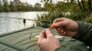 A high-visibility orange pop-up boilie being secured to the D-rig section with bait floss and a rig ring.