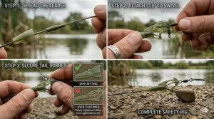 A step-by-step guide showing a lead being looped onto a clip and secured with a tail rubber for British carp angling.