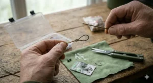 A plastic hair stop being placed into the loop to secure the bait firmly against the hair.