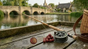 A 4K photorealistic shot of a large-arbor reel and dark red shelf life boilies, featuring a labelled diagram of the bait's internal biology.