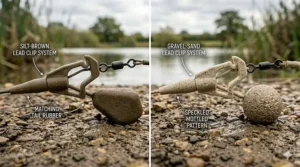 Close-up of a lead clip for carp fishing fitted with a size 8 quick-change swivel for fast hooklink replacements.