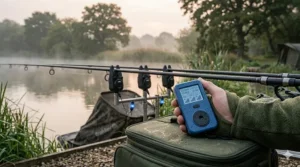 A photorealistic photograph of a blue and grey digital bite alarm receiver held in an angler's gloved hand on a gravel swim at dawn, showing full signal strength with the misty lake in the background.