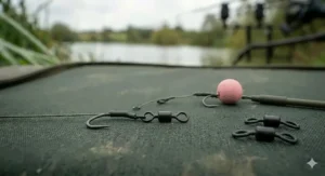 A micro rig swivel used for mounting a pink pop-up boilie on a neat D-rig presentation for specimen carp fishing.